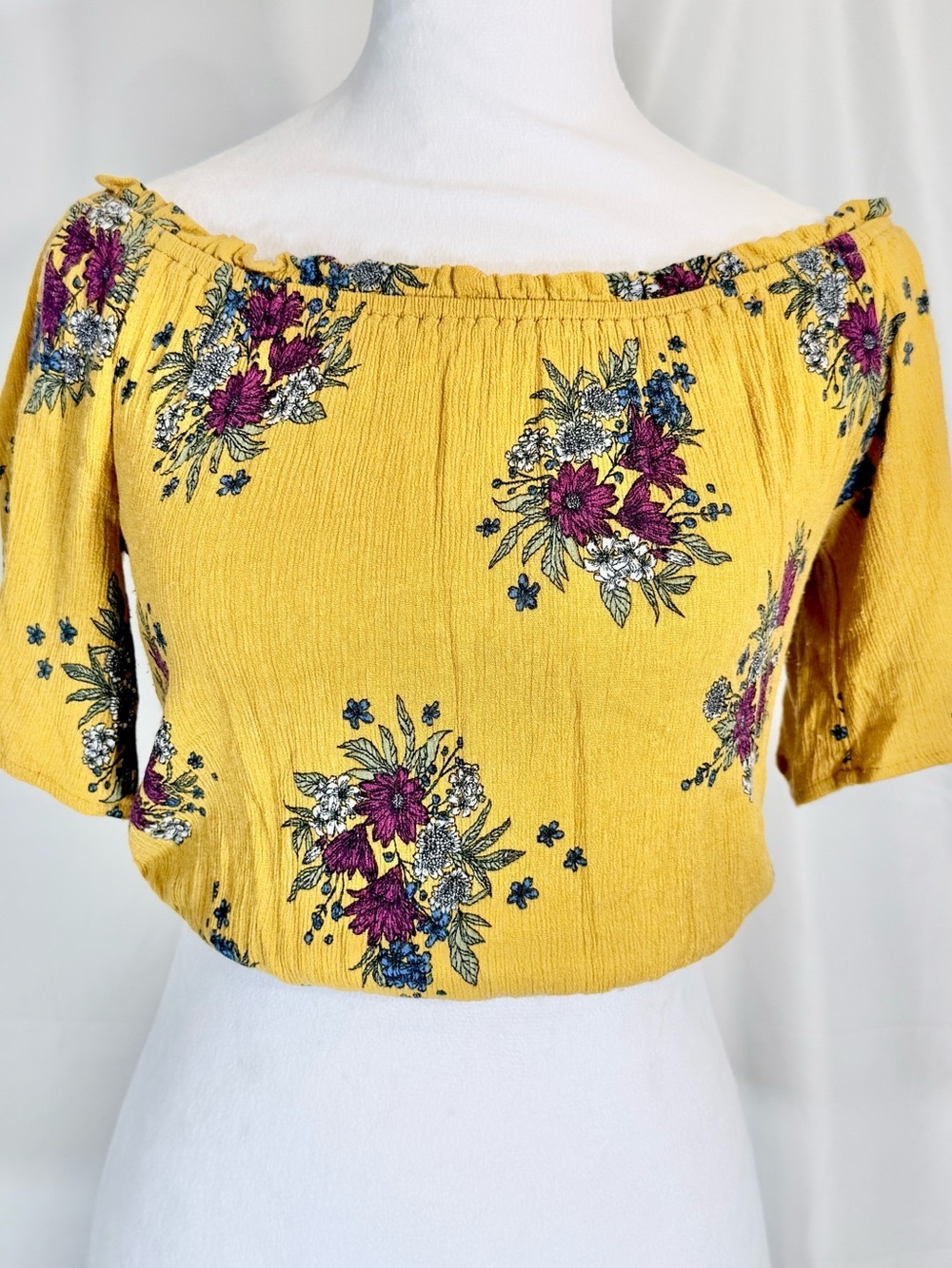 Illa Illa Yellow Floral Off Shoulder Crop Top With Short Flutter Peasant Sleeves